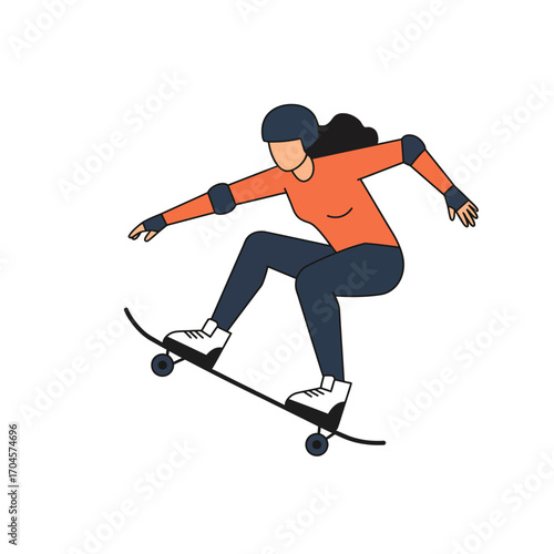 Woman performing a trick on a skateboard, isolated on a white background, dynamic action shot