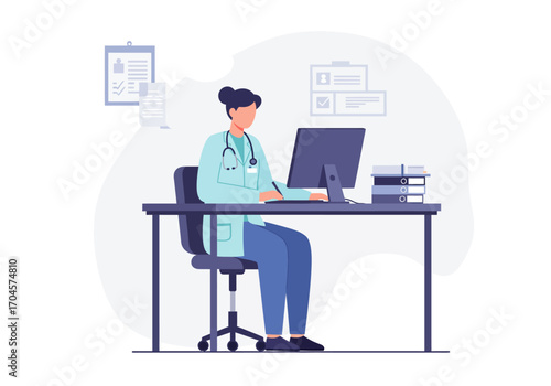 Doctor at Desk Medical Professional Working on Computer in Clinic, Healthcare Concept