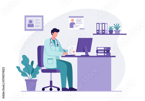 Doctor at Work Physician reviewing medical records and using computer in office
