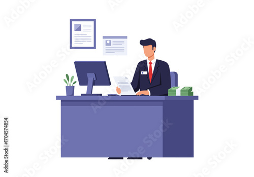 Banker Reviewing Documents at His Desk - Illustration for Financial Concepts and Business Operations