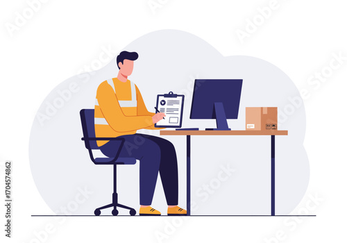 Warehouse manager sitting at a desk with a computer and clipboard, managing inventory and logistics. Vector illustration of supply chain work