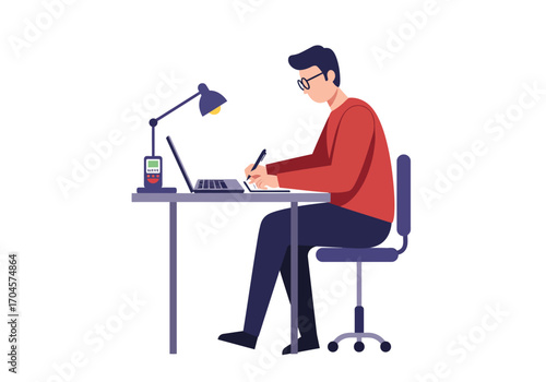 Focused young man with glasses working at a desk with a laptop and lamp, illustrating concepts of freelance work and remote learning