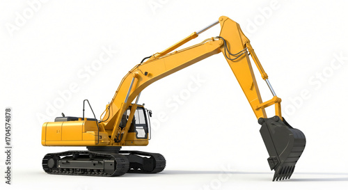 Powerful yellow excavator with articulated arm and bucket ready for construction site demolition or digging tasks
