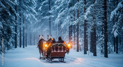 Horse Drawn Sleigh Ride Through Snowy Forest.