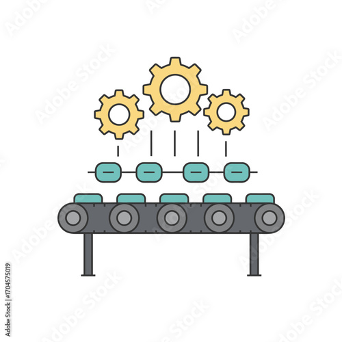 Streamlined production process with interconnected gears and conveyor belt symbolizing automation, efficient workflow management, and continuous operational development