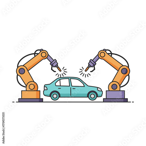 Advanced robotic arms precisely assemble a modern car on an automated production line, showcasing efficient industrial manufacturing technology and future-forward automotive engineering