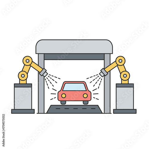 Automated car painting process with industrial robotic arms on a factory assembly line, a vector line art illustration