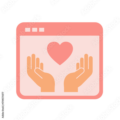 Online charity and donation concept icon with hands holding a heart in a browser window. Digital support and volunteering vector illustration