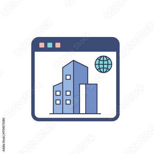Minimalist line art icon representing a global business website with city architecture and a world symbol, symbolizing international real estate or corporate enterprise