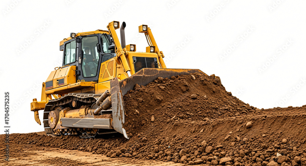 Obraz premium Powerful yellow bulldozer pushing large pile of earth during construction site preparation