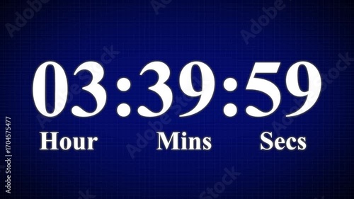 Animated Digital 4 hours countdown timer Animation . Perfect for Presentation Pauses. HUD user interface with technology stopwatch Digital Countdown. 4K countdown animation