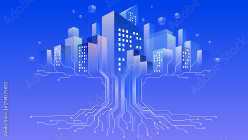 Electronic tree city, tree with a trunk made of microcircuits and a crown in the form of buildings of a night city on a blue gradient background, cubes are suspended in the air