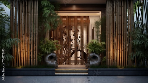 Elegant bamboo entrance with sculpted planters showcasing a tranquil and inviting outdoor space