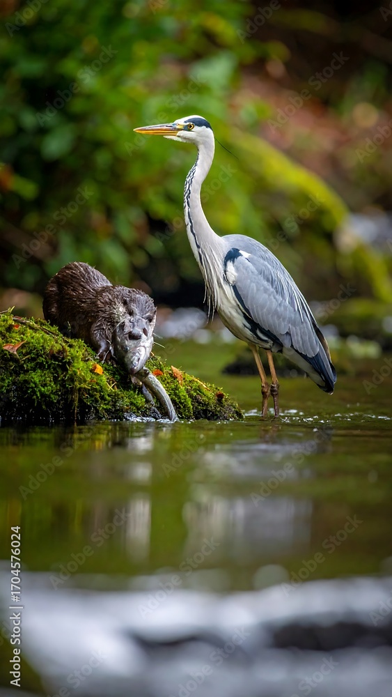 Fototapeta premium Grey heron and otter by a stream