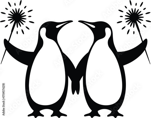Two Penguins Silhouette Holding Sparklers Celebration Vector