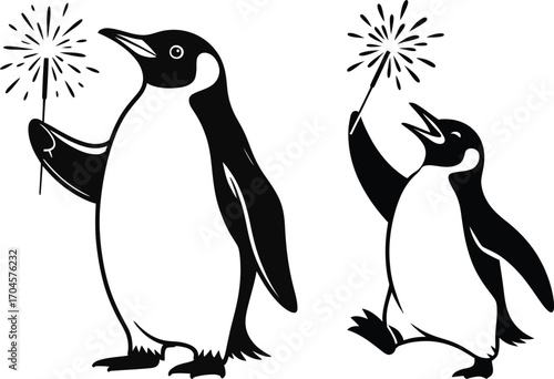 Penguin Silhouette Holding Sparkler Firework Celebration Vector