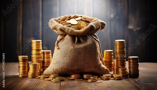 A Burlap Sack Filled With Coins Surrounded By Stacks Of Gold Coins On A Wooden Surface