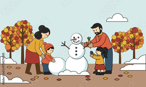  Family fun. . Parents and two small children making a snowman.