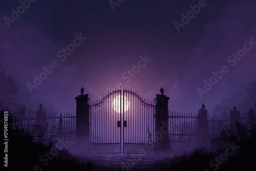 Wallpaper Mural Mystical Twilight - Spooky Iron Gate Silhouetted Against Eerie Purple Sky. Torontodigital.ca
