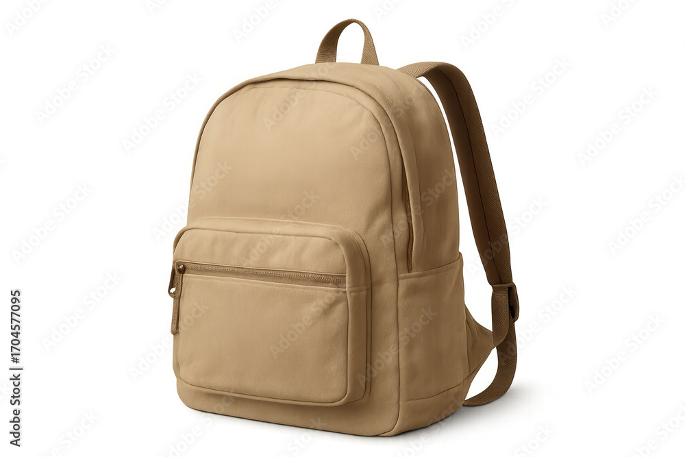 Fototapeta premium Classic khaki canvas backpack with front pocket, isolated on transparent background, ideal for students or travelers