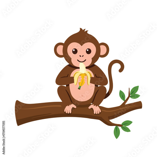 A vibrant 2D flat vector illustration features a cute, happy monkey character sitting on a thick tree branch, happily peeling and eating a ripe yellow banana against a clean white background.