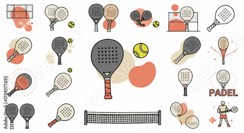 A collection of padel tennis sports equipment icons. Includes illustrations of rackets, balls, net, and a player in a modern line art vector style