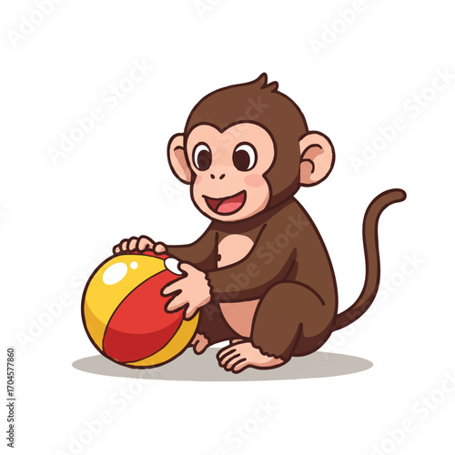 Flat 2D vector illustration of an adorable baby monkey gleefully sitting on the ground and playing with a vibrant red and yellow toy ball on a clean white background.