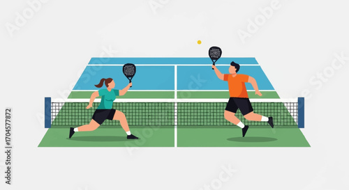 Dynamic vector illustration of a mixed doubles pickleball match with two players in action on an outdoor court