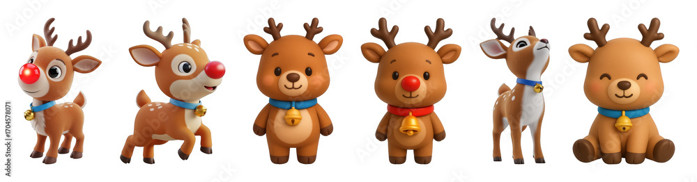 Fototapeta premium Cute 3D cartoon reindeer set including red-nosed, standing, looking up, and sitting characters isolated. Festive holiday and winter design elements.