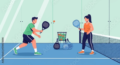 Illustration of a young couple playing a competitive game of padel on a modern blue court with glass walls