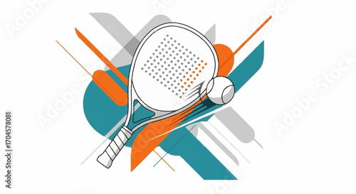 Modern stylized vector art of a padel racket and ball with dynamic abstract geometric background