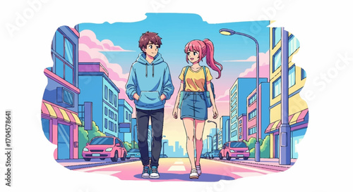 Joyful anime-style vector illustration of a young couple on a leisurely stroll through a vibrant city street, capturing a sweet moment of urban exploration and youthful connection