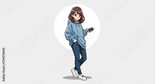 Vector illustration of a cute anime girl in casual streetwear, wearing a hoodie and jeans while holding a mobile device. Modern youth character design