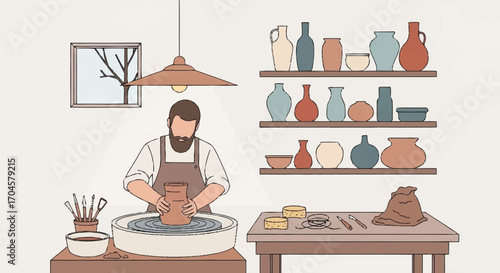 Potter crafting ceramic vessel on a wheel in studio with shelves of vases and tools