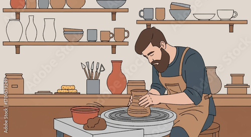 Potter Shaping Clay on Wheel Craftsman's Artistry in Studio Environment