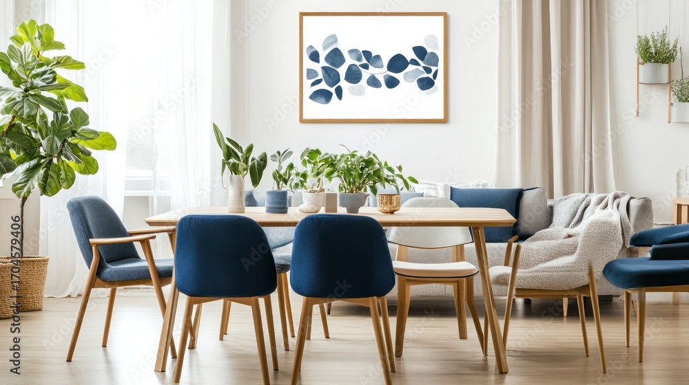 Fototapeta premium Serene Living Room Interior Design with Blue Accents