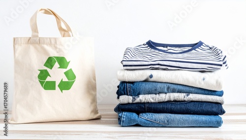 Sustainable fashion concept showing a stack of second hand clothes ready for recycling or donation with an eco friendly tote bag