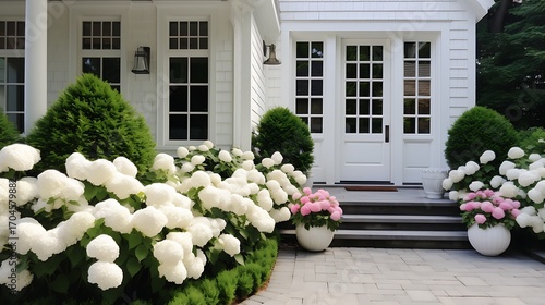 Elegant entryway featuring white hydrangeas and manicured greenery exudes timeless charm and