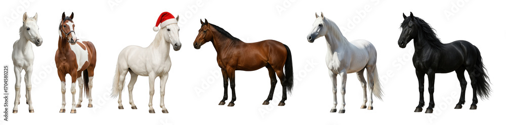Fototapeta premium Horse set including white, pinto, brown, and black horses, one wearing a Santa hat, isolated. Wildlife and festive animal collection.