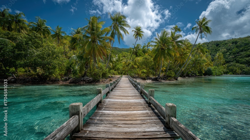 Fototapeta premium A Weathered Wooden Pier Leads Across a Turquoise Lagoon to a Lush Tropical Island Paradise.