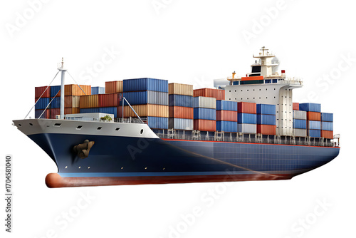 Front three-quarter view of a large cargo ship filled with stacked shipping containers Cutout PNG isolated on a transparent background