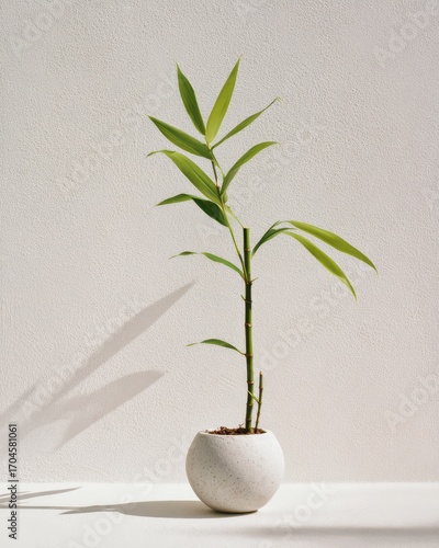 Serene Simplicity - A Single Green Plant in a Round Pot Casting a Crisp Shadow.