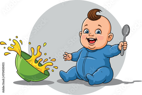 Cartoon baby in blue onesie spilling food from bowl, happy infant with spoon vector illustration for childcare, parenting and early childhood themes