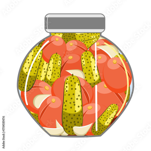 Homemade pickles and tomatoes with garlic in a jar vector illustration 