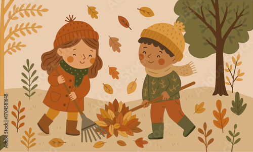 Autumn in the garden. A girl and a boy in warm clothes are raking leaves