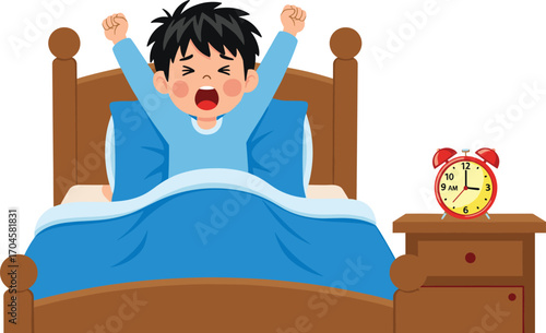 Cartoon child in blue pajamas waking up and stretching in bed with alarm clock, morning routine vector illustration for daily habits and lifestyle themes