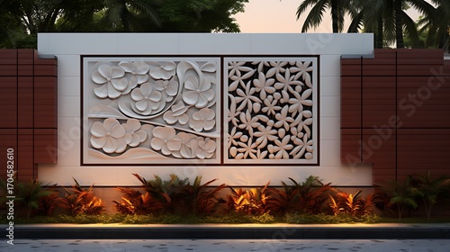 Elegant floral facade design with tropical accents creating a serene outdoor scene