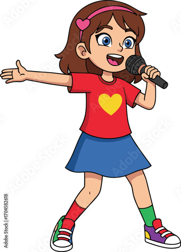 Cartoon girl singing with microphone, joyful performance vector illustration, children’s music and entertainment concept, colorful character design for kids talent show and stage activity