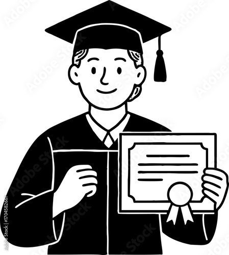 hand drawn style  Flat vector line design ilustration happy man with Graduation cap & certificate