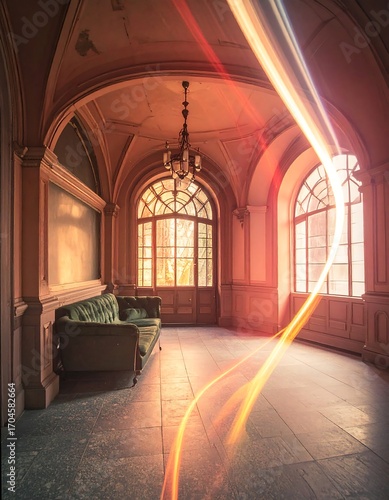 Sunlit hallway in an abandoned mansion